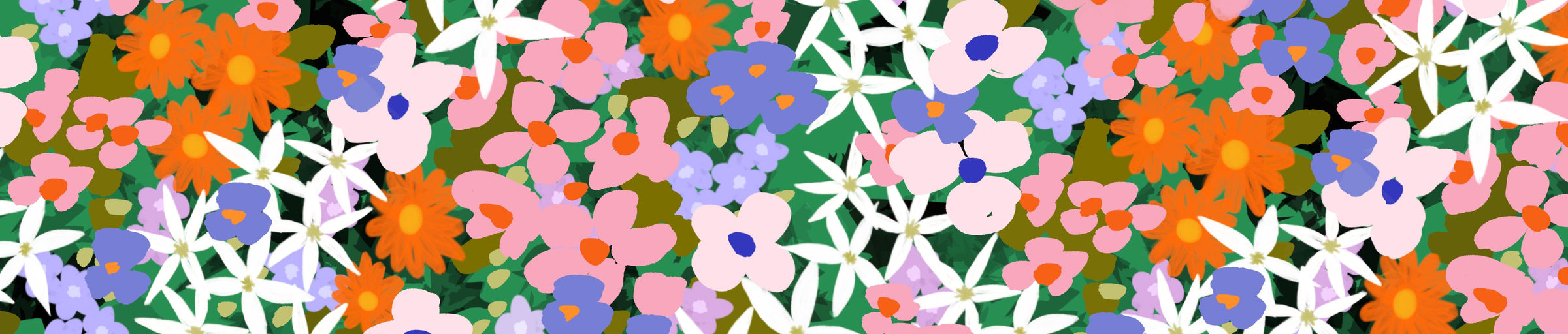 Pattern of colorful flowers on a green background